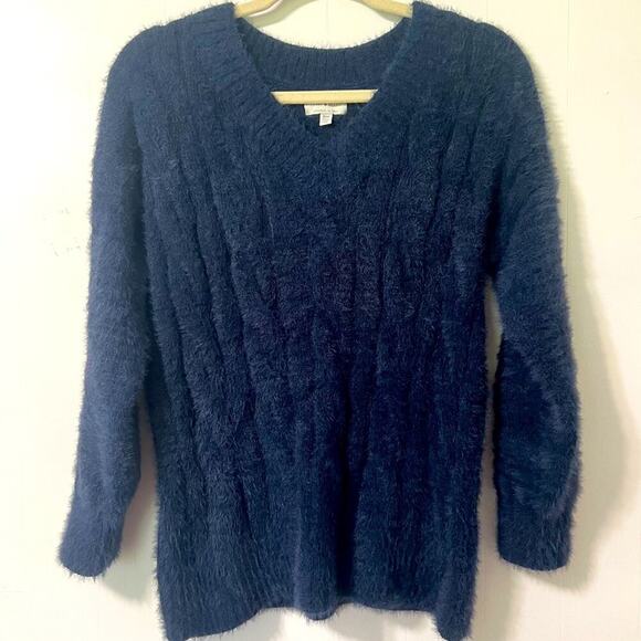 Lucky Brand Cable Knit Soft Cozy Fuzzy V-Neck Preppy Sweater Blue Size M - Picture 1 of 8